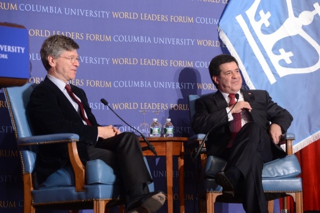 Jeffrey Sachs, Director of the Earth Institute at Columbia University moderates the question and answer session with His Excellency Horacio Cartes.