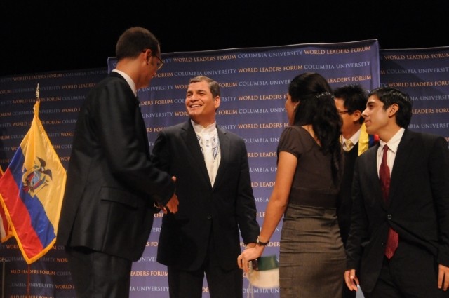 Following his address, President Correa greets and talks with Columbia students