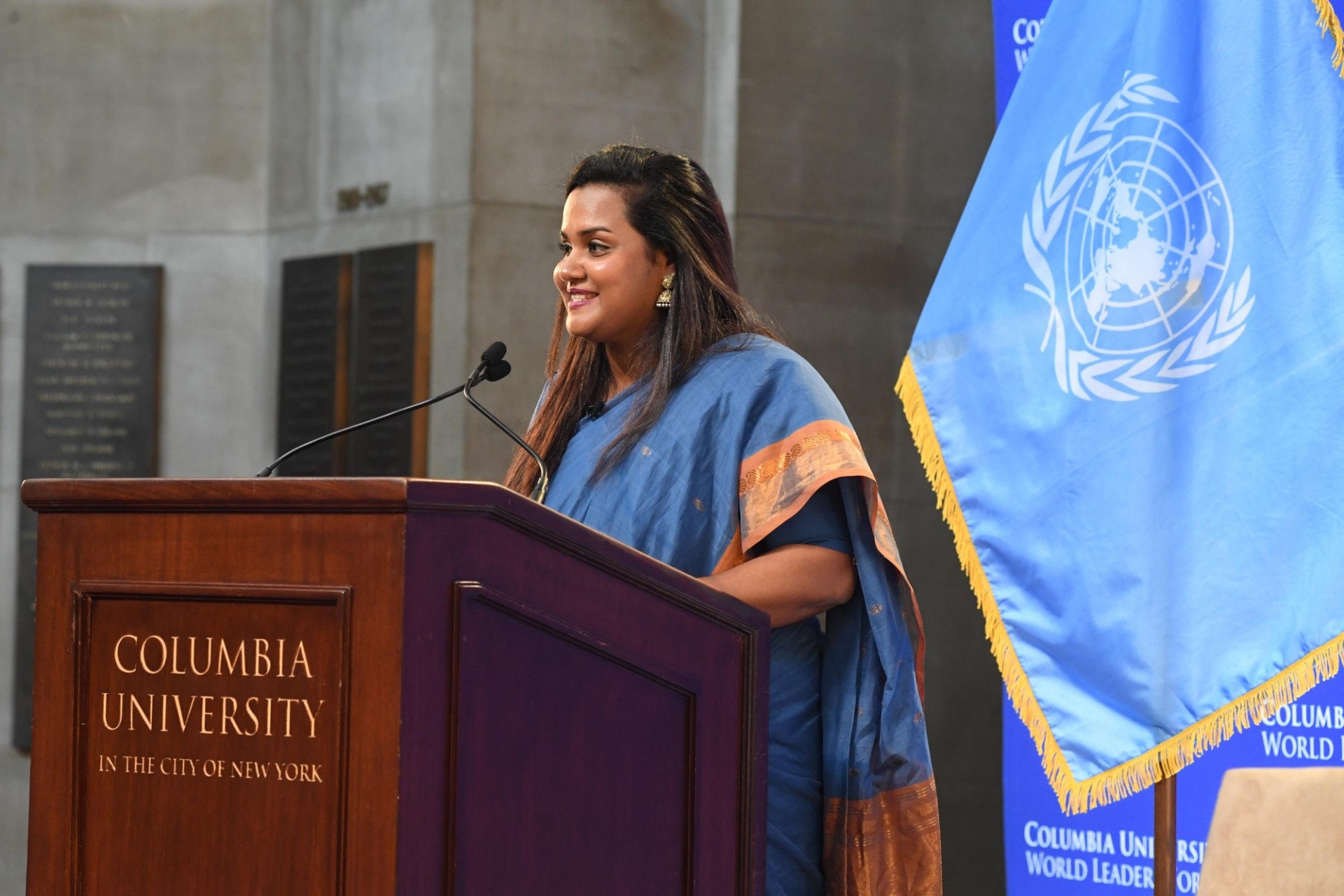 Jayathma Wickramanayake, UN Secretary-General's Envoy on Youth delivers her address to Columbia University students, faculty and staff.