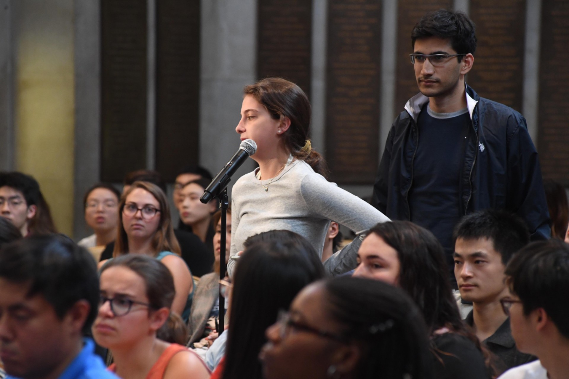 Columbia University students line up to ask Jayathma Wickramanayake, UN Secretary-General's Envoy on Youth questions during the question and answer session.