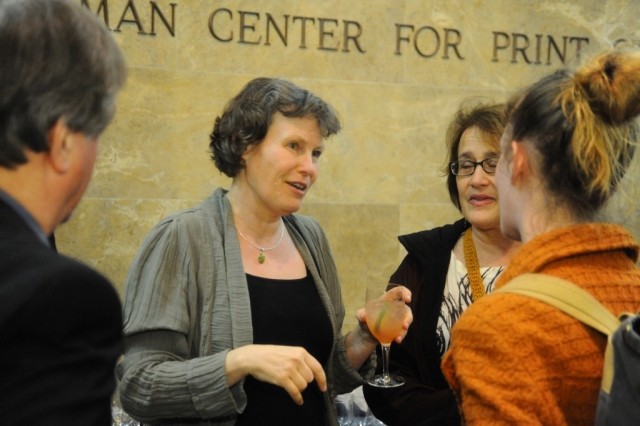 Columbia University students and members of the community mingle with Karin Rehnqvist.