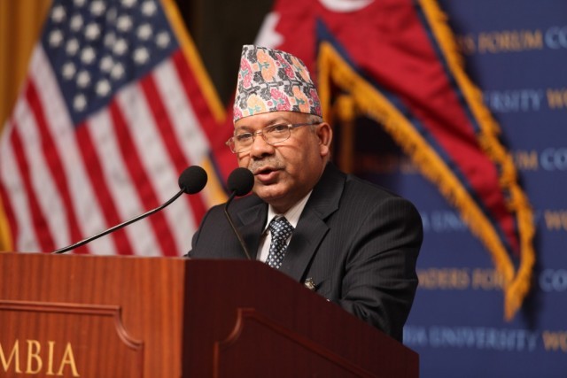 Prime Minister Madhav Kumar Nepal of Nepal delivers a keynote address on “Post-Conflict Challenges and Development” in the Rotunda of Low Memorial Library.