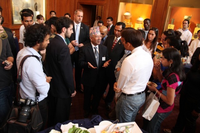 Prime Minister Nepal speaks with members of the Columbia community during a reception that followed his address.