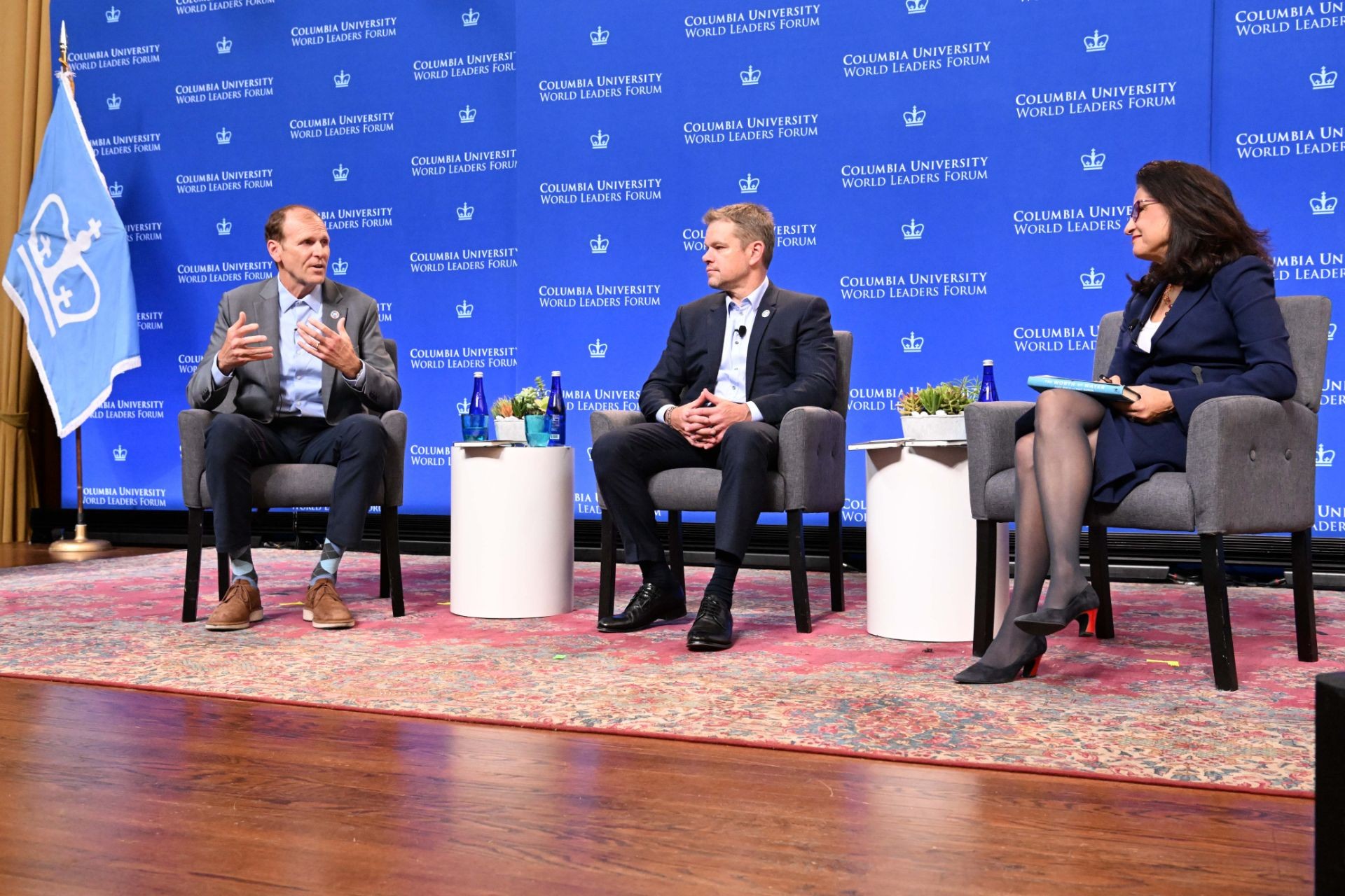 Co-Founders of Water.Org and WaterEquity Gary White (left), Matt Damon (middle), and President Minouche Shafik (right) during the World Leaders Forum