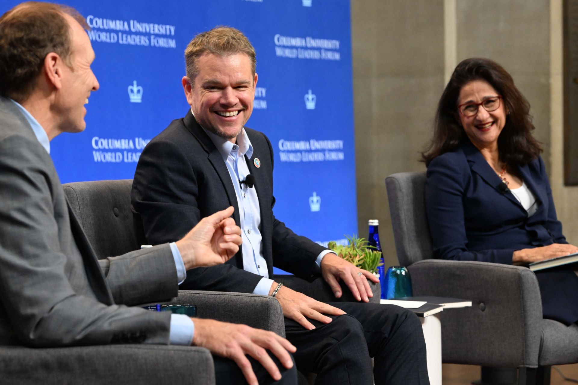 Co-Founders of Water.Org and WaterEquity Gary White (left), Matt Damon (middle), and President Minouche Shafik (right) during the World Leaders Forum