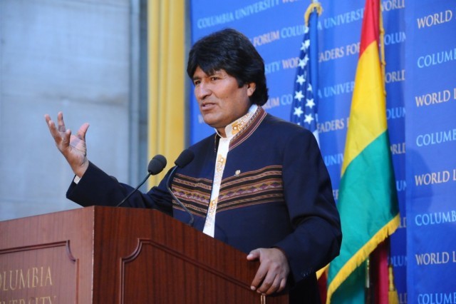 President Evo Morales Ayma of Bolivia addresses the audience in Low Memorial Library.