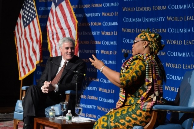 Peter T. Coleman, Professor of Psychology and Education, moderates the question and answer session among Leymah Gbowee and students in attendance.