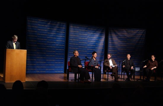 President Lee C. Bollinger introduces “The First Emperor and Our World” panel. (from left to right) Ha Jin, Lydia Liu, James Schamus, Tan Dun and Zhang Yimou.