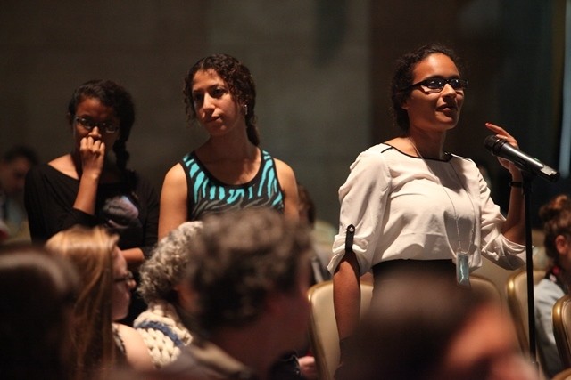 Columbia University students line up to ask a question during the question and answer session.